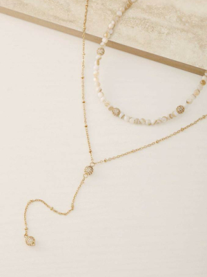 Shell Bead And Crystal Lariat 18k Gold Plated Necklace Set