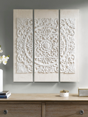 (set Of 3) 35.5" Height Wooden Mandala 3d Embellished Canvas Decorative Wall Art Set White