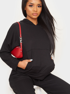 Petite Black Ribbed Oversized Hoodie