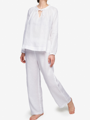 Set - Gathered Neck Top And Lounge Pant White Linen