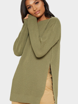 Rexx Khaki Round Neck Side Split Sweater