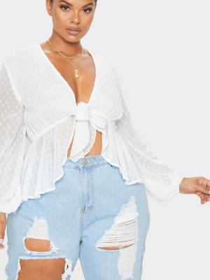 Plus White Dobby Mesh Tie Front Blouse