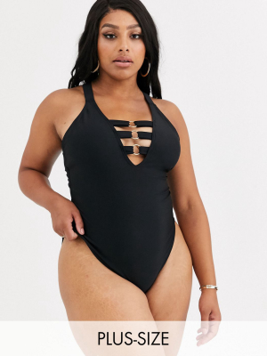 South Beach Curve Exclusive Triple Strap Detail Swimsuit In Black