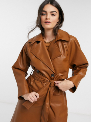 Weekday Elli Faux Leather Trench Coat In Toffee
