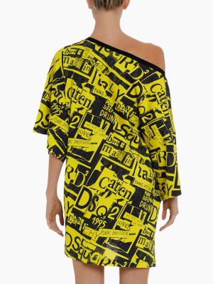 Graphic Asymmetric Short Kaftan - Yellow & Black Graphic Print