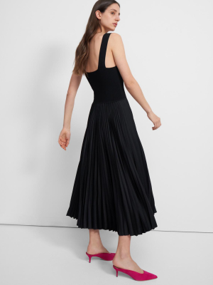 Pleated Square Neck Dress In Crepe