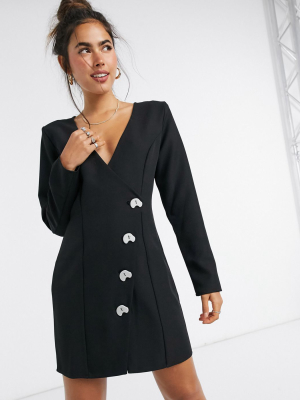 Asos Design Aysmmetric Wrap Mini Dress With Contrast Buttons In Black