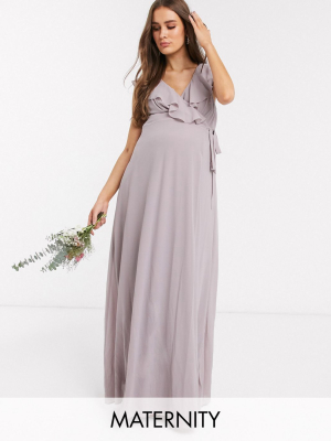 Tfnc Maternity Bridesmaid Ruffle Detail Maxi Dress With Thigh Split In Gray