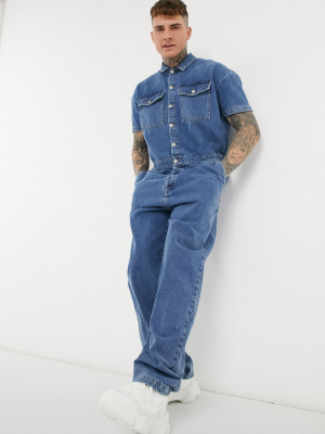 Asos Design Baggy Boilersuit In Light Stone Wash Blue