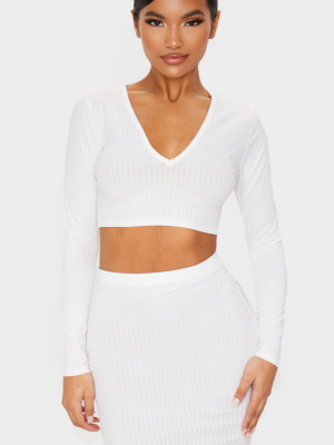 Cream Ribbed V Neck Long Sleeve Crop Top