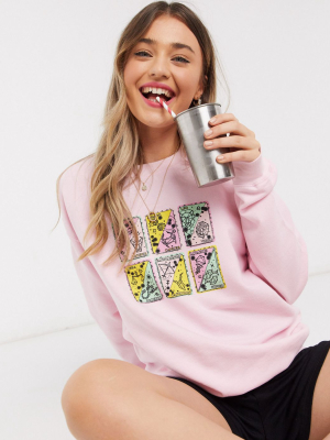 Daisy Street Oversized Sweatshirt With Tarot Cards Print In Pink