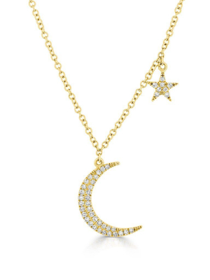 14kt Yellow Gold Diamond Mini Moon And Star Necklace