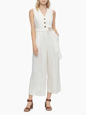 Linen Blend Button-front V-neck Belted Jumpsuit