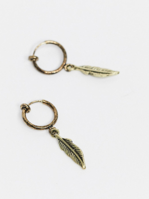 Asos Design Faux 10mm Hoop Earrings With Feather Charm In Burnished Gold Tone