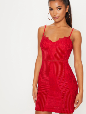 Red Strappy Lace Velvet Insert Bodycon Dress