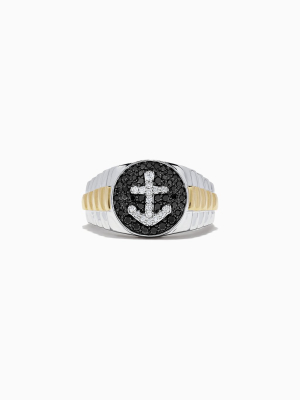 Effy Men's 14k Two Tone Gold Black And White Diamond Anchor Ring, 0.61 Tcw