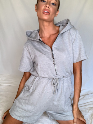 Grey Hooded Zip Front Sweat Playsuit