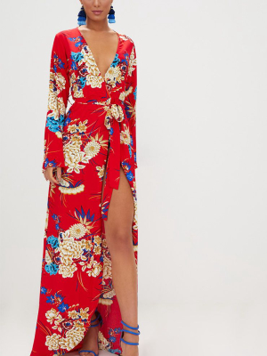 Red Floral Print Kimono Maxi Dress