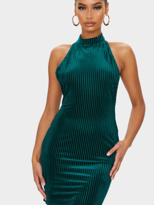 Emerald Green Velvet Rib High Neck Open Back...