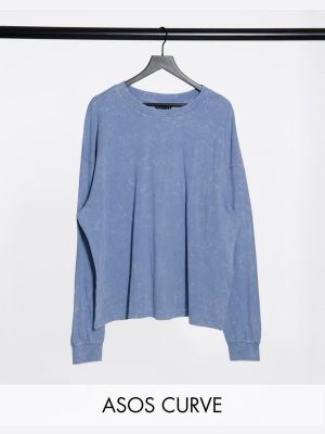 Asos Design Curve Oversized Long Sleeve T-shirt With Cuff Detail In Washed Blue