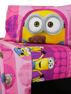 3pc Minions Twin Bed Sheet Set Pink Buddy Buddy Bedding Accessories - Despicable Me..