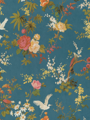 Dreamy Vintage Birds & Floral Wallpaper In Blue By Walls Republic