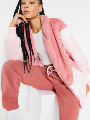 Pink Faux Fur Contrast Layers Jacket