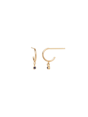 14k Dangling Blue Sapphire Huggie Hoops | September Birthstone