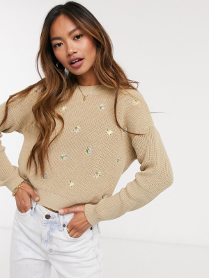 Pull&bear Embroidered Floral Sweater In Beige