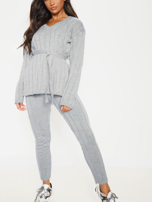 Grey Belted Longline Jumper And Legging Lounge Set