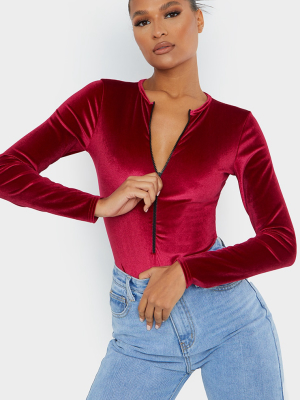 Burgundy Velvet Long Sleeve Zip Front Bodysuit