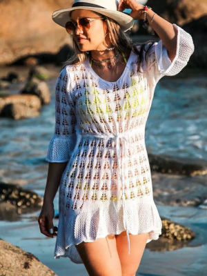 Sleeved Geometric Crochet Tunic Cover Up