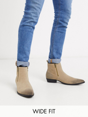 Asos Design Wide Fit Stacked Heel Western Chelsea Boots In Stone Faux Suede With Zips