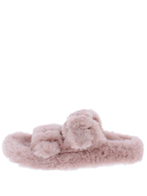 Andrea269 Nude Faux Fur Dual Buckle Strap Slide Sandal