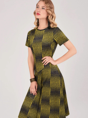 Mustard Houndstooth Asymmetric A-line Dress