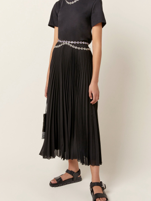 Crystal Belted Pleated Cady Midi Skirt