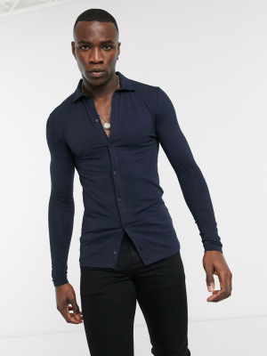 Asos Design Organic Muscle Fit Long Sleeve Jersey Shirt In Navy