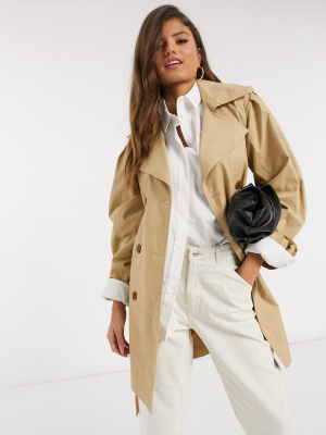 Stradivarius Volume Sleeve Trench Coat In Camel