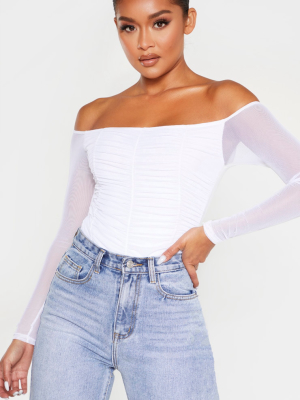 White Mesh Ruched Panel Bardot Bodysuit