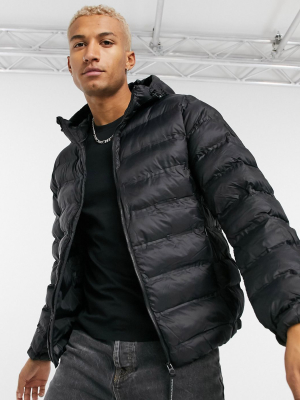 Pull&bear Lightweight Padded Jacket In Black With Hood
