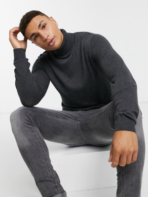 Jack & Jones Essentials Roll Neck Sweater In Dark Gray