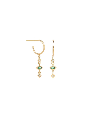 14k Dangling Mixed Diamond And Emerald Thin Huggie Hoops