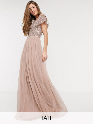 Maya Tall Bridesmaid Bardot Maxi Tulle Dress With Tonal Delicate Sequins In Taupe Blush