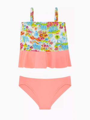 Ada Color Block Tankini Bikini Set (kids) - Botanic Gardens Print/peachy Pink