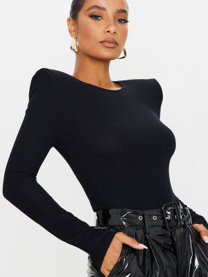 Black Rib Shoulder Pad Long Sleeve Bodysuit