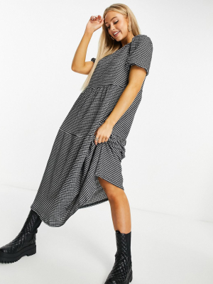 Asos Design Midi Tiered Smock Dress In Black Based Grid Print