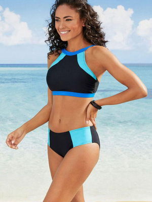 Contrast Athletic High Neck Bikini Swimsuit - Two Piece Set