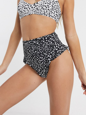 Asos Design Recycled Mix And Match High Waist Frill Bikini Bottom In Black Mono Polka Dot