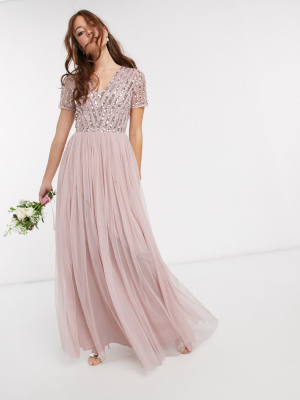 Maya Bridesmaid V Neck Maxi Dress With Tonal Delicate Sequin In Pink