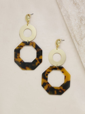 Resin Tortoise Shell Octagon 18k Gold Plated Drop Earrings